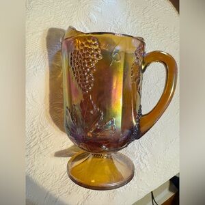 Amber Iridescent Glass Pitcher with Grape Motif